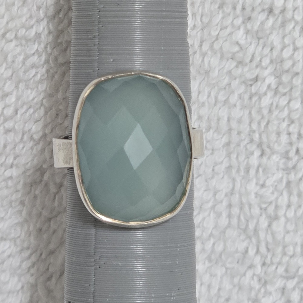 VTG Sterling Silver Aqua Chalcedony Checkerboard Cushion Ring 6.3g Sz 7.75